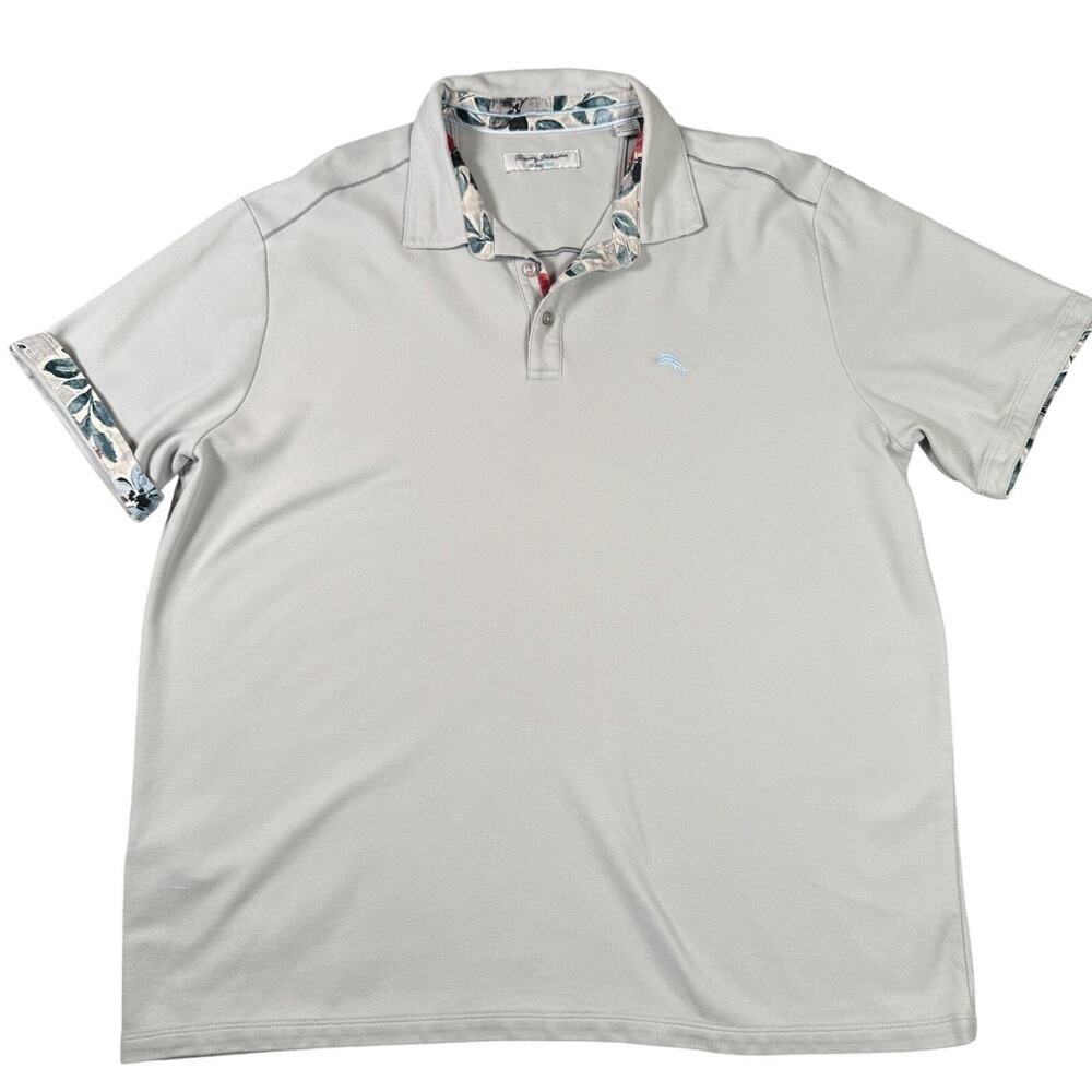 Tommy Bahama Polo Gray Island Zone Rugby Floral Cuff Embroidered Logo Mens XL - Picture 2 of 8